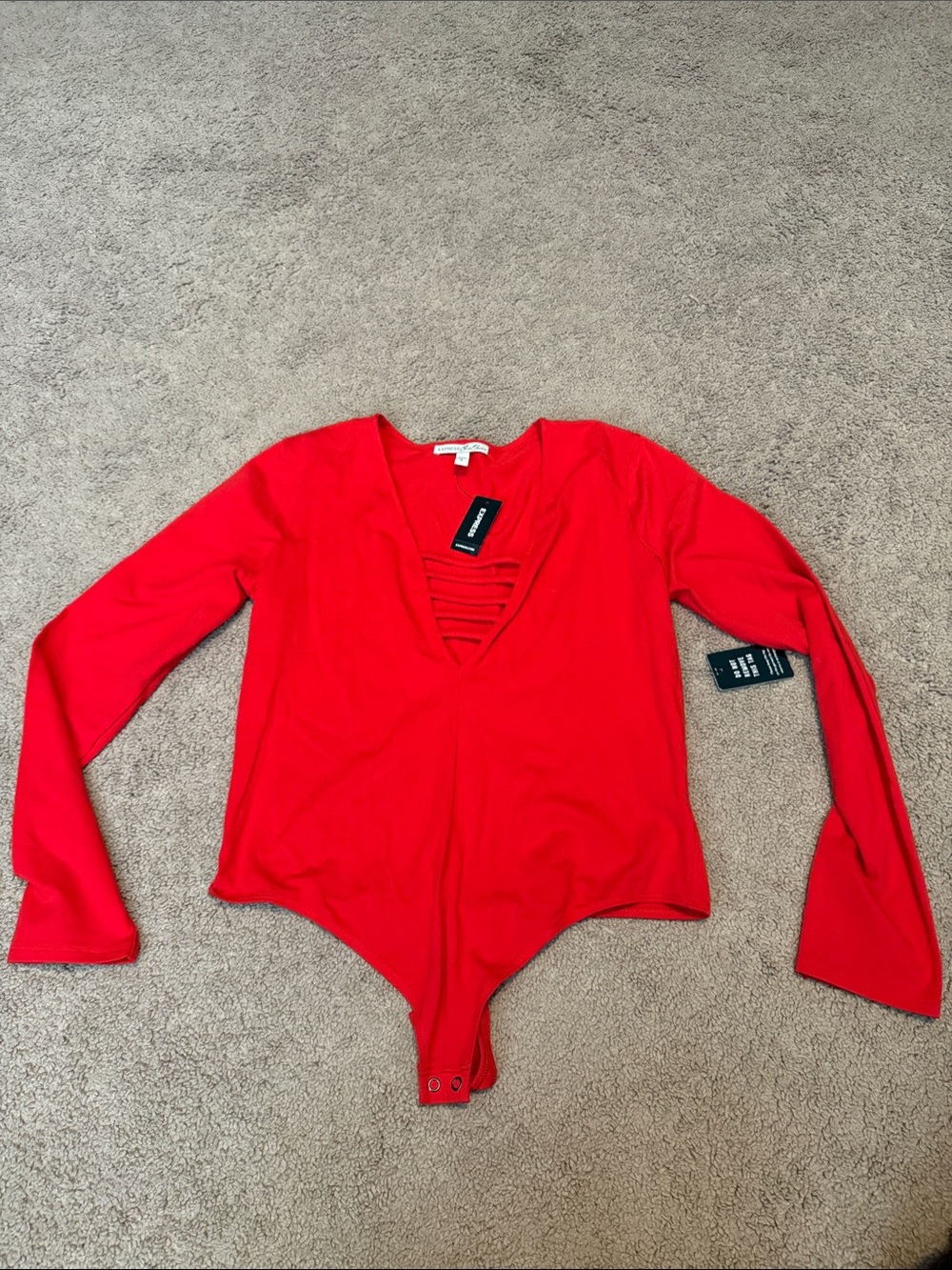 Express Red Long-Sleeve V-Neck Ladder-Front Bodysuit